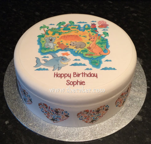 Australia Map Edible Icing Cake Topper - Australian Animals