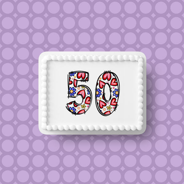 50th Birthday Hearts & Flowers Edible Icing Cake Topper or Ribbon