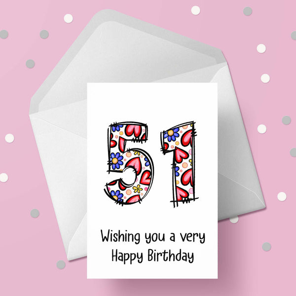 51st Birthday Card with Hearts & Flowers