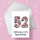 52nd Birthday Card with Hearts & Flowers