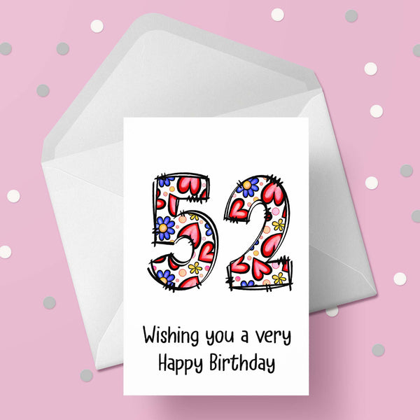 52nd Birthday Card with Hearts & Flowers