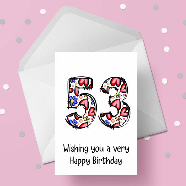53rd Birthday Card with Hearts & Flowers