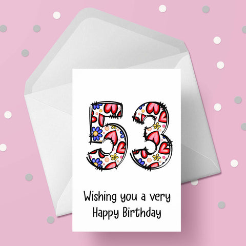 53rd Birthday Card with Hearts & Flowers