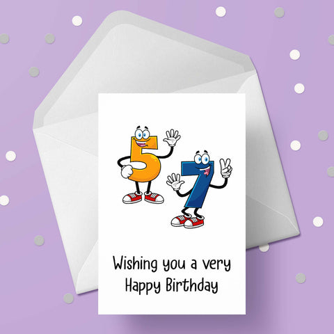 57th Birthday Card with Cartoon Numbers