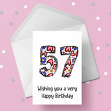 57th Birthday Card with Hearts & Flowers