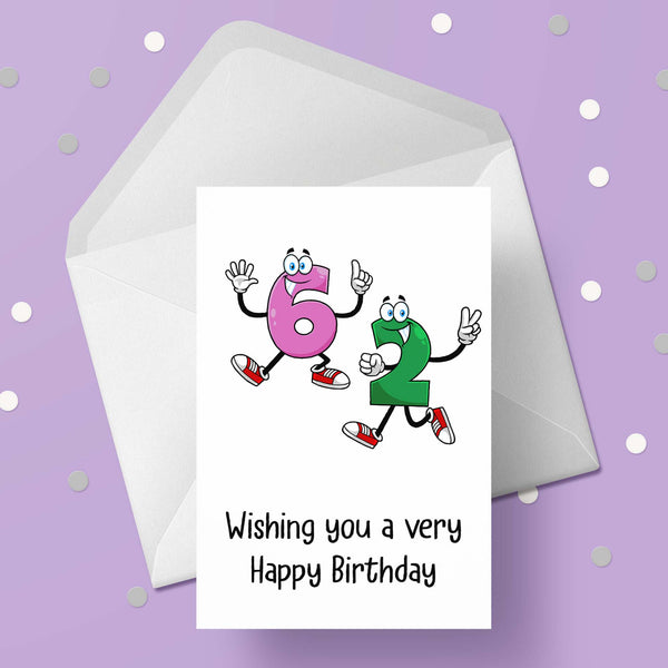 62nd Birthday Card with Funny Cartoon Numbers