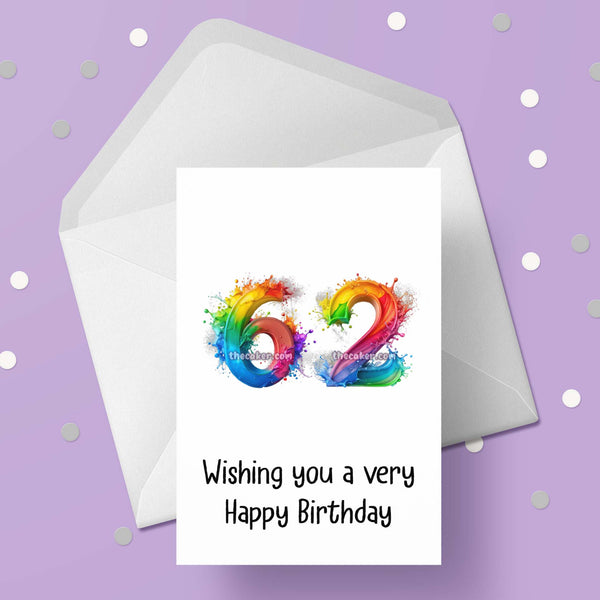 62nd Birthday Card with Rainbow Numbers
