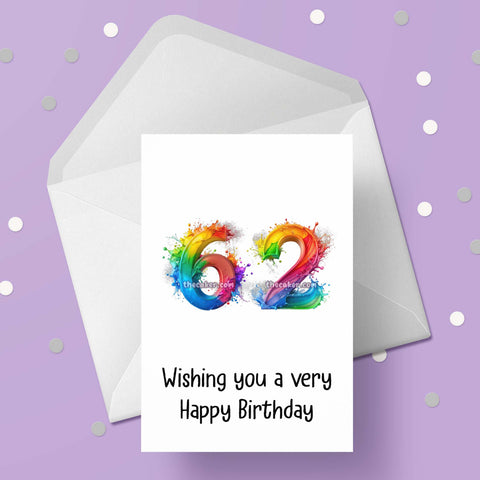 62nd Birthday Card with Rainbow Numbers