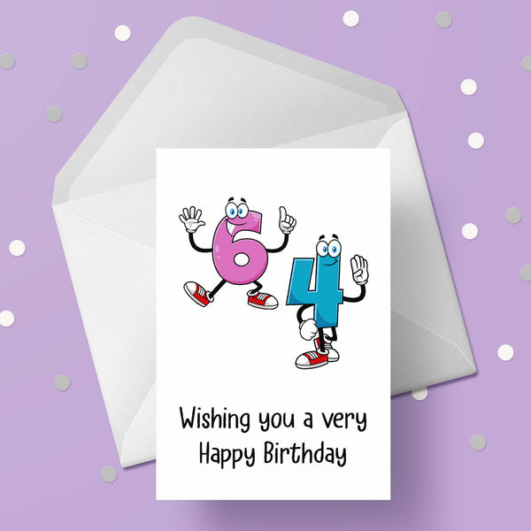 64th Birthday Card with Funny Cartoon Numbers