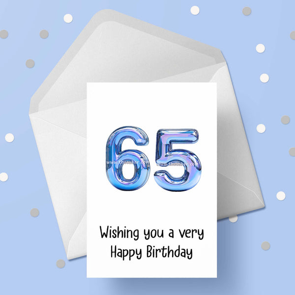 65th Birthday Card with Blue Numbers