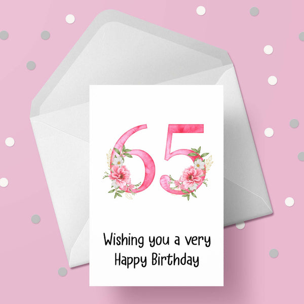 65th Birthday Card with Pretty Pink Flowers