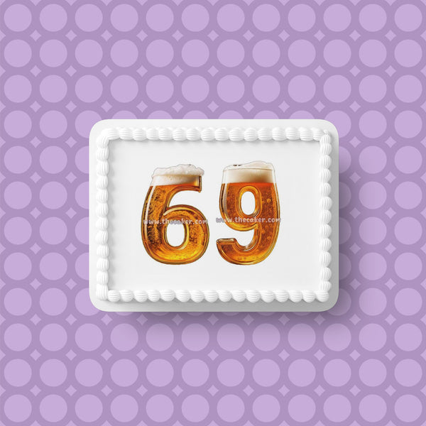 69th Birthday Beer Numbers Edible Icing Cake Topper or Ribbon