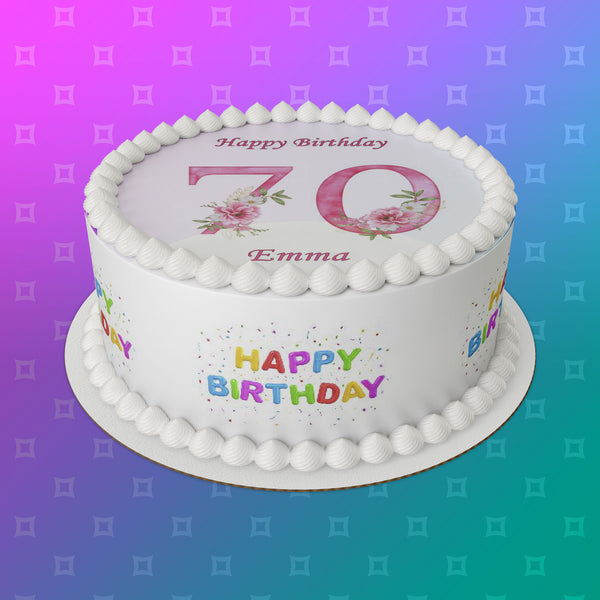 70th Birthday Flowers Edible Icing Cake Topper or Ribbon