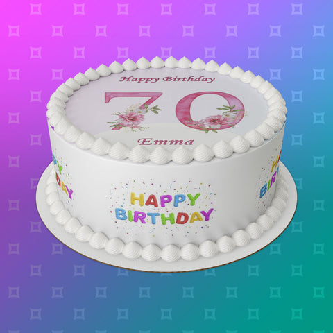 70th Birthday Flowers Edible Icing Cake Topper or Ribbon