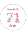 71st Birthday Pretty Pink Flowers Edible Icing Cake Topper or Ribbon