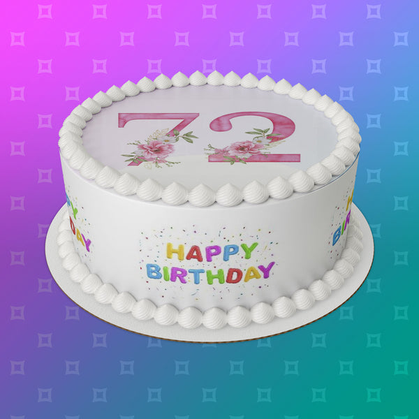 72nd Birthday Pretty Pink Flowers Edible Icing Cake Topper or Ribbon