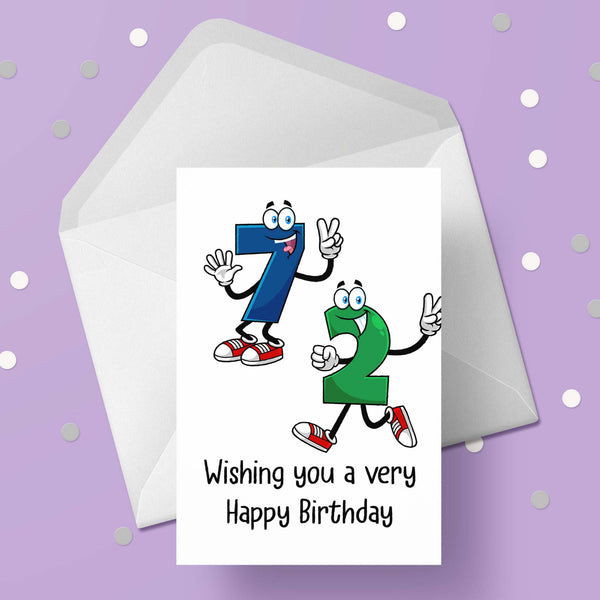 72nd Birthday Card with Cartoon Numbers