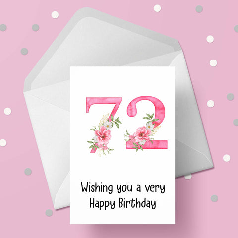 72nd Birthday Card with Pretty Pink Flowers
