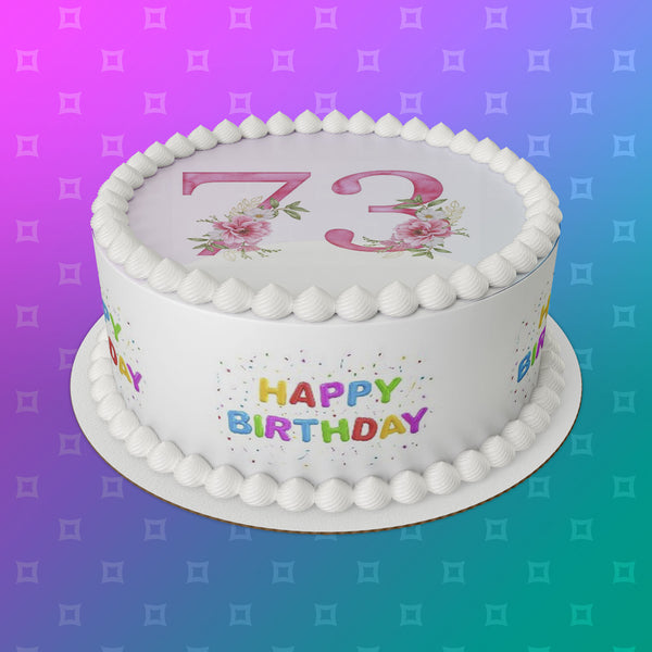 73rd Birthday Pretty Pink Flowers Edible Icing Cake Topper or Ribbon