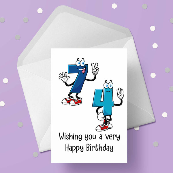74th Birthday Card with Cartoon Numbers