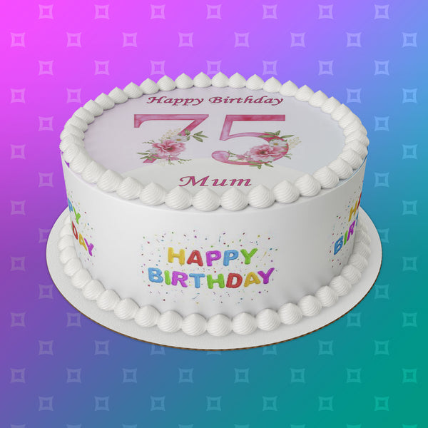 75th Birthday Flowers Edible Icing Cake Topper or Ribbon