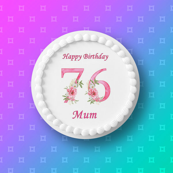 76th Birthday Pretty Pink Flowers Edible Icing Cake Topper or Ribbon
