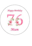 76th Birthday Pretty Pink Flowers Edible Icing Cake Topper or Ribbon