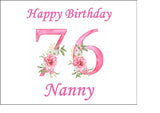 76th Birthday Pretty Pink Flowers Edible Icing Cake Topper or Ribbon