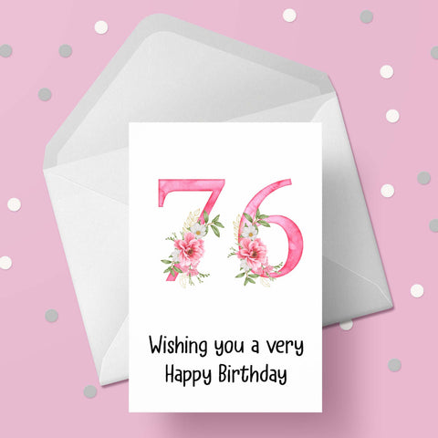 76th Birthday Card with Pretty Pink Flowers