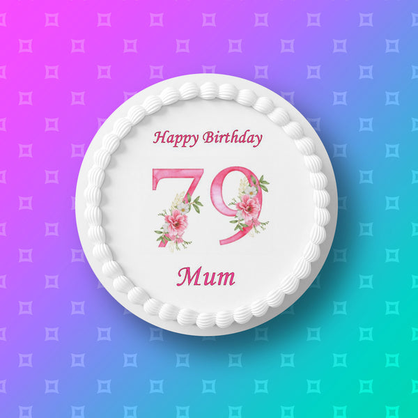 79th Birthday Pretty Pink Flowers Edible Icing Cake Topper or Ribbon