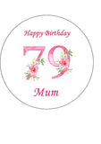79th Birthday Pretty Pink Flowers Edible Icing Cake Topper or Ribbon