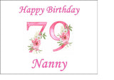 79th Birthday Pretty Pink Flowers Edible Icing Cake Topper or Ribbon