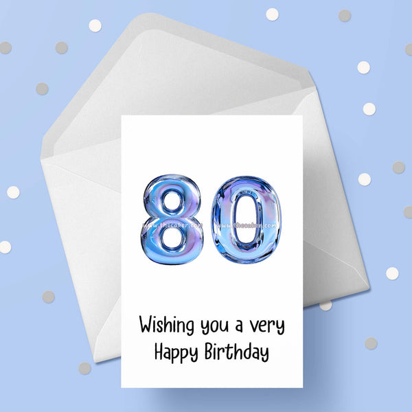 80th Birthday Card with Blue Balloons