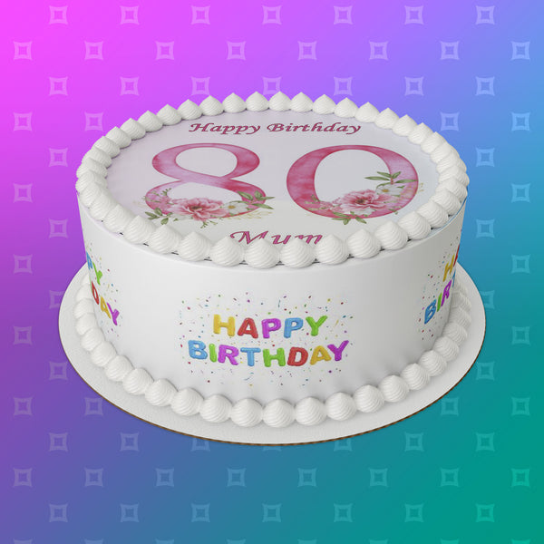 80th Birthday Flowers Edible Icing Cake Topper or Ribbon