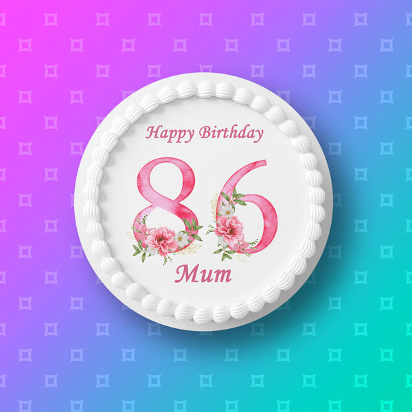 86th Birthday Flowers Edible Icing Cake Topper or Ribbon