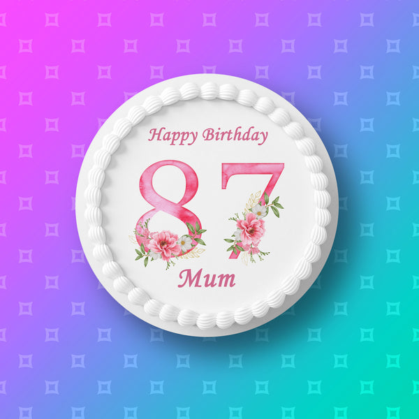 87th Birthday Flowers Edible Icing Cake Topper or Ribbon
