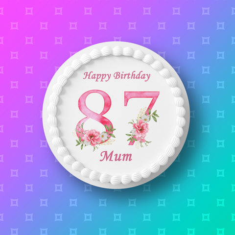 87th Birthday Flowers Edible Icing Cake Topper or Ribbon