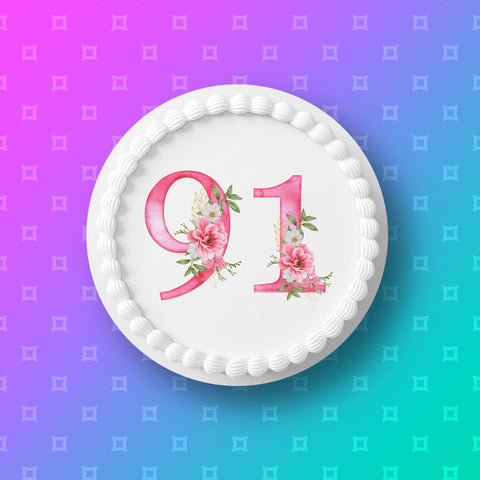 91st Birthday Flowers Edible Icing Cake Topper or Ribbon