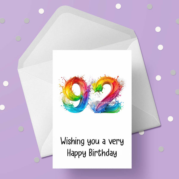 92nd Birthday Rainbow Numbers Card