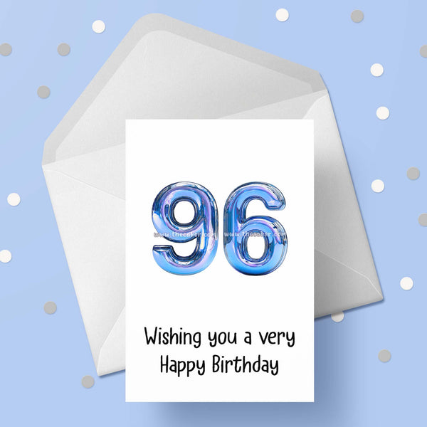 96th Birthday Card with Blue Balloons