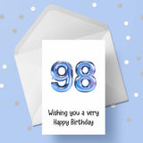 98th Birthday Card with Blue Balloons