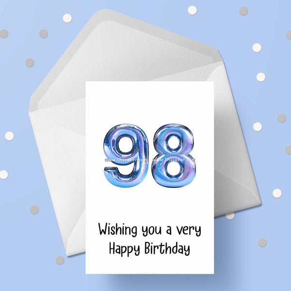 98th Birthday Card with Blue Balloons