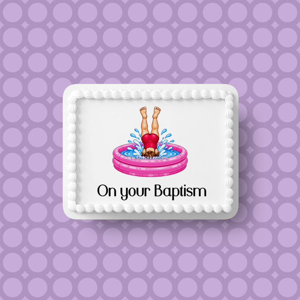 Baptism 05 Edible Icing Cake Topper or Ribbon - Funny Female getting Baptised