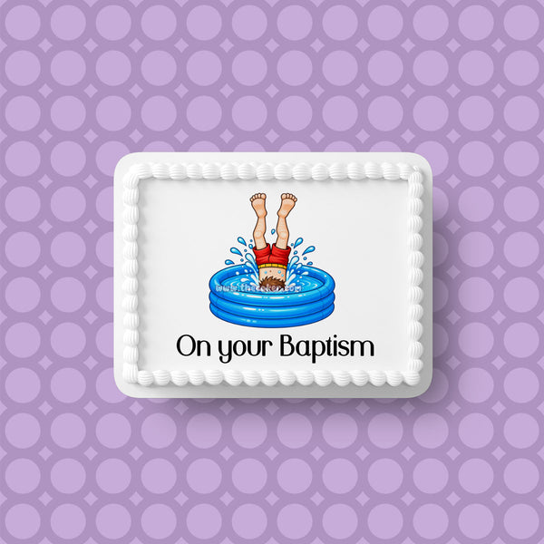 Baptism 06 Edible Icing Cake Topper or Ribbon - Funny Male getting Baptised