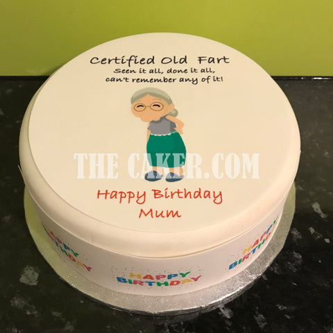 Happy Birthday Edible Icing Cake Topper or Ribbon 02 - Funny Old Fart Lady