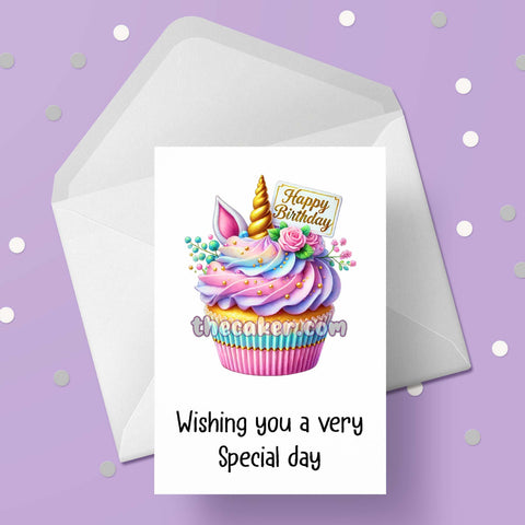 Pretty Cupcake Happy Birthday Card 04 - Rainbow Unicorn Cake