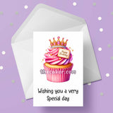 Pretty Cupcake Happy Birthday Card 07 - Pink cake with crown