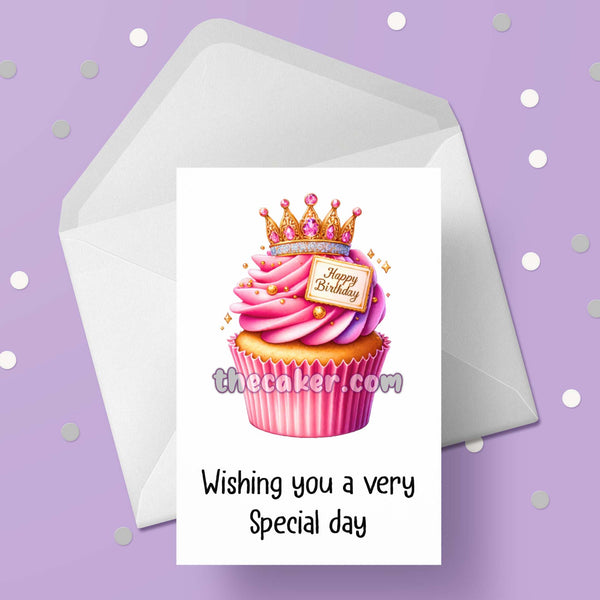 Pretty Cupcake Happy Birthday Card 07 - Pink cake with crown