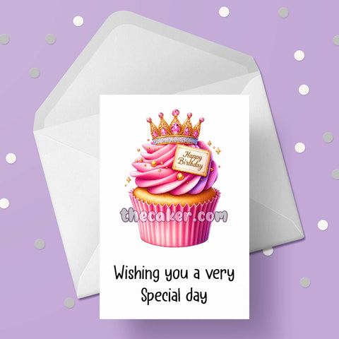 Pretty Cupcake Happy Birthday Card 07 - Pink cake with crown
