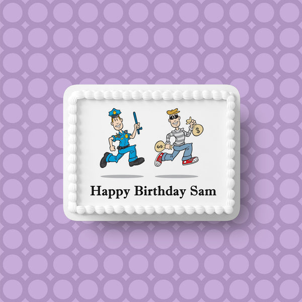 Police Funny Cops & Robbers Edible Icing Cake Topper or Ribbon